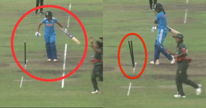 BAN-W vs IND-W: Harmanpreet Kaur smashes stumps with the bat after dubious LBW dismissal
