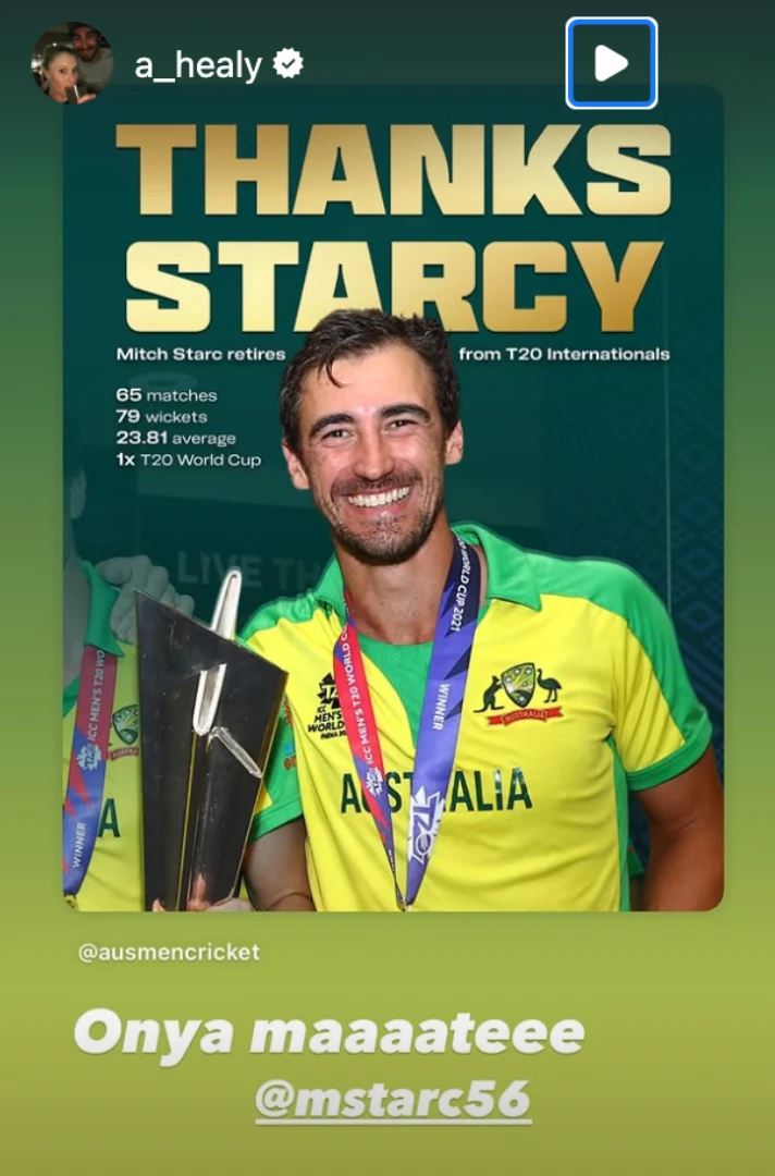 Alyssa Healy Instagram story for Mitchell Starc